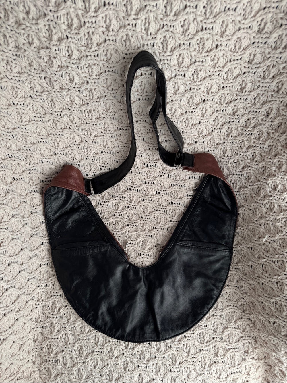 Vintage Black Leather Crescent Shoulder Bag Boho Minimalist